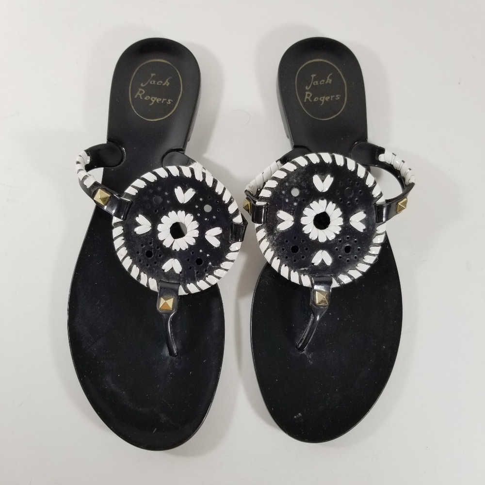 Jack Rogers Sandals Women’s Size 9 Flip Flop Thong Black White Medallion